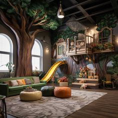 a living room filled with furniture and a tree house on the wall next to a slide