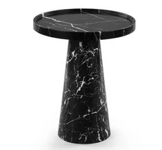 a black and white marble side table with an oval top, on a white background