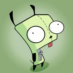 a cartoon character with an open mouth and tongue sticking out from behind his head, on a green background