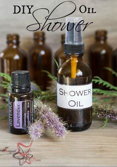 DIY-Essential Oil-Shower-Oil-doTerra -body oil - www.designeddecor.com After Shower Body Oil, Massage Oils Recipe, Doterra Lavender, Body Oil Spray, Diy Oils