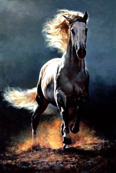 a painting of a white horse running in the dark with its hair blowing in the wind