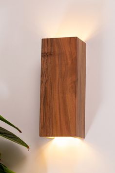 a wooden wall light mounted on the side of a white wall next to a potted plant