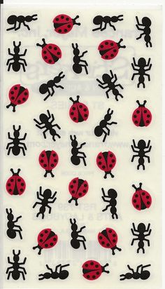 a sticker with ladybugs and bugs on it's back side, in black and red