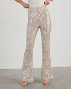 Cream % Diva Sequin Flare Pants-3 Flare Sequin Pants, Sequence Pants, Diamond Pants, Sparkly Pants, Sequin Flare Pants, Sheer Pants, Elephant Pants, Neutral Tops, Glitz And Glamour