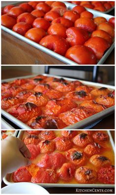 tomatoes are being cooked in the oven and placed on a baking sheet to be baked