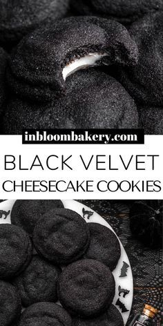 black velvet cheesecake cookies on a white plate with the title text overlay reads, black velvet cheesecake cookies