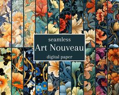 the seamless art nouveau digital paper is shown in different colors and sizes, including flowers