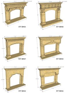 four different types of fireplaces with measurements