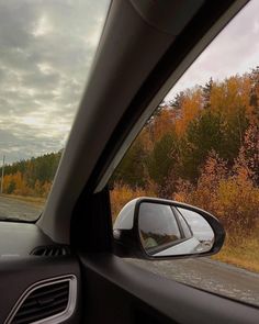 a car's side view mirror with trees in the background