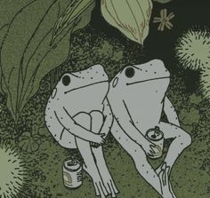 two frogs sitting next to each other with cans in their hands and flowers behind them