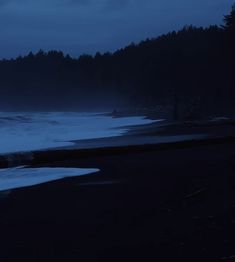 a dark beach at night with waves crashing on the shore and trees in the background