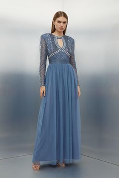 Embellished Woven Maxi Dress With Tulle Skirt Dress With Tulle Skirt, Latest Maxi Dresses, Karen Millen Dress, Dress With Tulle, Maxi Dress Collection, Fall Skirts, Karen Millen, Event Dresses, Sleeve Detail