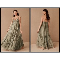 two pictures of a woman in a long dress