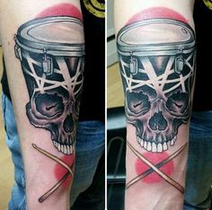 two images show the same tattoo on one arm and an image of a skull in a cup