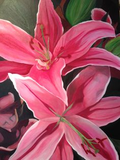 a painting of pink lilies with green leaves on a black and white background, painted in acrylic paint