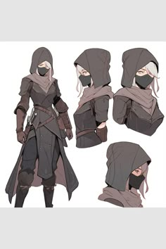 several different poses of a person wearing a hooded outfit and hood, with various angles to the