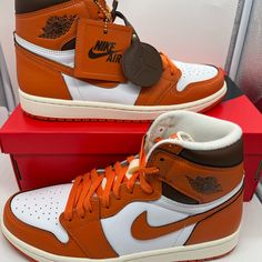 Brand New Nike Air Jordan 1 High Starfish Sizes Available 9.5 And 10 Womens New In Box!! Jordan 1 High Starfish, Jordan Tennis Shoes, Orange Jordan, High Top Jordans, Sneakerhead Room, Nike Air Jordan 1 High, Sneakers Jordans, Car Backgrounds, Nike Fashion Shoes