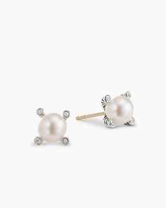 Pearl Stud Earrings in Sterling Silver with Pearls and Diamonds, 7.4mm Timeless Sterling Silver Pearl Earrings With Diamond Accents, Classic Single Earring With Round Cut, Classic White Diamond Single Earring, Classic White Single Diamond Earring, Refined Sterling Silver Earrings For Gift, David Yurman Earrings, Womens Earrings Studs, Pearl And Diamond Earrings, Rare Gemstones