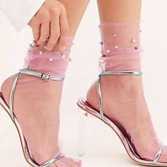 Pastel Pearl Socks - Pink Pink Party Socks, Pink Party Socks For Spring, Trendy Party Socks For Spring, Pink Stretch Socks For Summer, Stretch Pink Socks For Summer, Trendy Summer Party Socks, Pearl Socks, Floral Tights, Thigh High Stocking