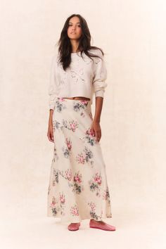 Bertha Silk Floral Maxi Skirt- Women's Designer Luxury Dresses | LoveShackFancy French Textiles, Silk Maxi Skirt, Denim Hat, Womens Maxi Skirts, Floral Maxi Skirt, Slip Skirt, Luxury Dress, Cashmere Wool, Print Pullover