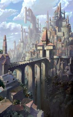 an artistic painting of a castle on top of a bridge in the middle of a city