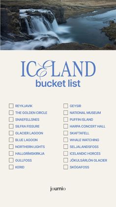 the iceland bucket list is shown in blue and white with an image of a waterfall