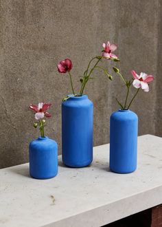 three blue vases with flowers in them on a table