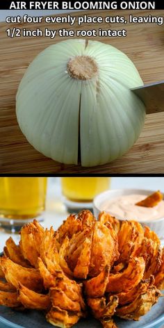 an onion is being cut into pieces on a plate with a knife next to it