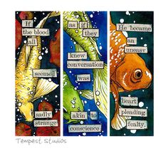 two paintings with words written on them and goldfish in the water, one has an orange fish