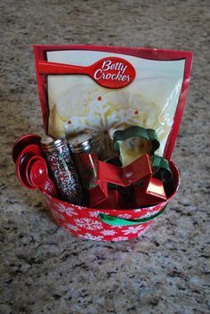 a red basket filled with lots of food