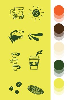 an image of different types of food and drink icons on a yellow background with shadows