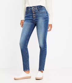 Button Front High Rise Skinny Jeans in Classic Mid Wash Mid-rise Slim Fit Bottoms With Button Closure, Slim Fit Mid-rise Bottoms With Button Closure, Casual Fitted Jeggings With Button Closure, High Waist Slim Fit Bottoms With Button Closure, Classic Slim Fit Jeans With Button Closure, Fitted Mid-rise Jeggings With Button Closure, High Waist Fitted Jeggings With Button Closure, Fitted Mid-rise Bottoms With Button Closure, High Rise Stretch Jeggings With Button Closure