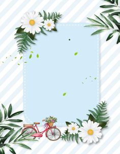 a photo frame with daisies, leaves and a bicycle on the bottom right corner