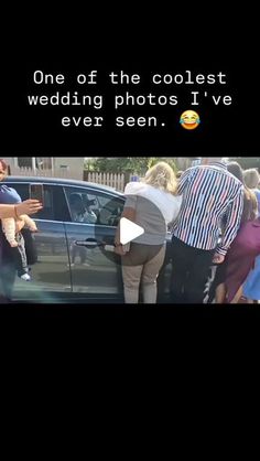 people are standing in front of a car with the caption one of the coolest wedding photos i've ever seen