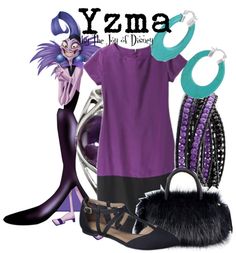 an image of a woman in purple and black outfit with accessories on her feet, including shoes