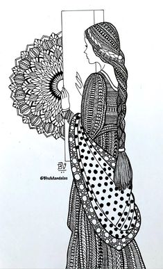 a black and white drawing of a woman holding an umbrella with polka dots on it