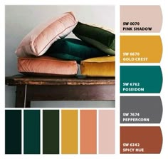 the color scheme for pillows and blankets is shown in shades of green, pink, yellow, and brown