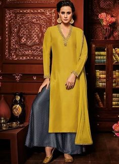 Palazzo for engagement Yellow Salwar Suit, Kurti Styling, Yellow Salwar, Mustard Yellow Outfit, Orang India, डिजाइनर कपड़े, Palazzo Style, Gaun Fashion, Salwar Designs