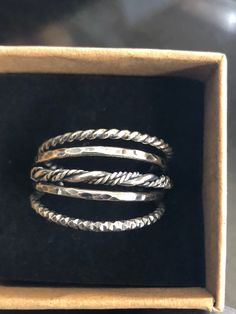 Like your stacking rings to have a more substantial feel? This set is sure to please as it contains five 14 and 12 gauge textured bands you can mix and match. This Sterling Silver ring set includes 5 Sterling Silver Stacking Rings. One rope band, Two hammered bands, one diamond cut band and one rope and smooth silver twisted band. I've hammered and oxidized this set. Tumbled for hours and polished...Just a beautiful combination of texture! With this set you will want to size up a half size to gi How To Make Silver Rings, Stack Rings Silver, Ring Stacking Ideas Silver, Silver Rings Stack, Boho Ring Set, Sterling Silver Rings Boho, Turquoise Bar Necklace, Rings Boho