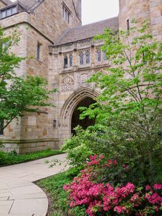 an old building with flowers in the foreground and trees lining the walkway leading up to it