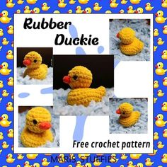 a crocheted rubber duckie is shown in four different pictures