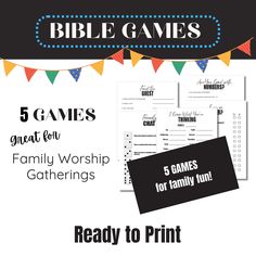 the 5 games for family worship gatherings are shown with text reading, ready to print