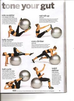 a woman doing exercises on an exercise ball with the caption tone your gutt