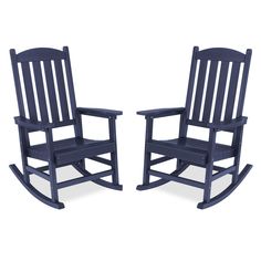 two blue rocking chairs sitting next to each other