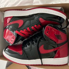 Jordan Retro Patent Leather Youth 7 Red Black Snekers Nike, Jordan 1 Red And Black, Black And Red Sneakers, Black And Red Jordans, Red And Black Jordans, Red And Black Shoes, Red Jordans, Black Nike Shoes