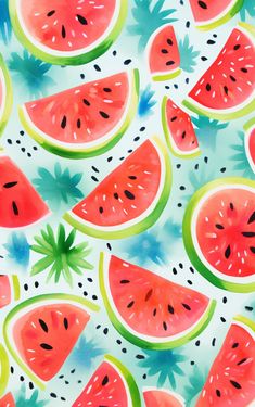 watermelon slices on a white background with black spots and green leaves in the middle