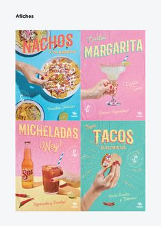 three posters with different types of tacos and sauces on them, one has a woman's hand holding a donut while the other holds a drink