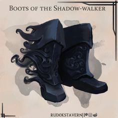 a pair of black boots sitting on top of a white background with the words boots of the shadow - walker