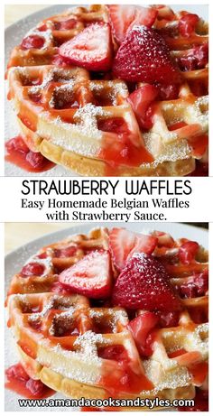 strawberry waffles with syrup and powdered sugar on top are ready to be eaten