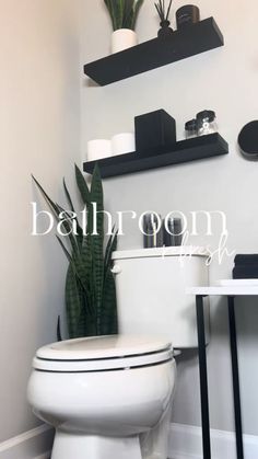 a white toilet sitting in a bathroom next to a shelf filled with potted plants